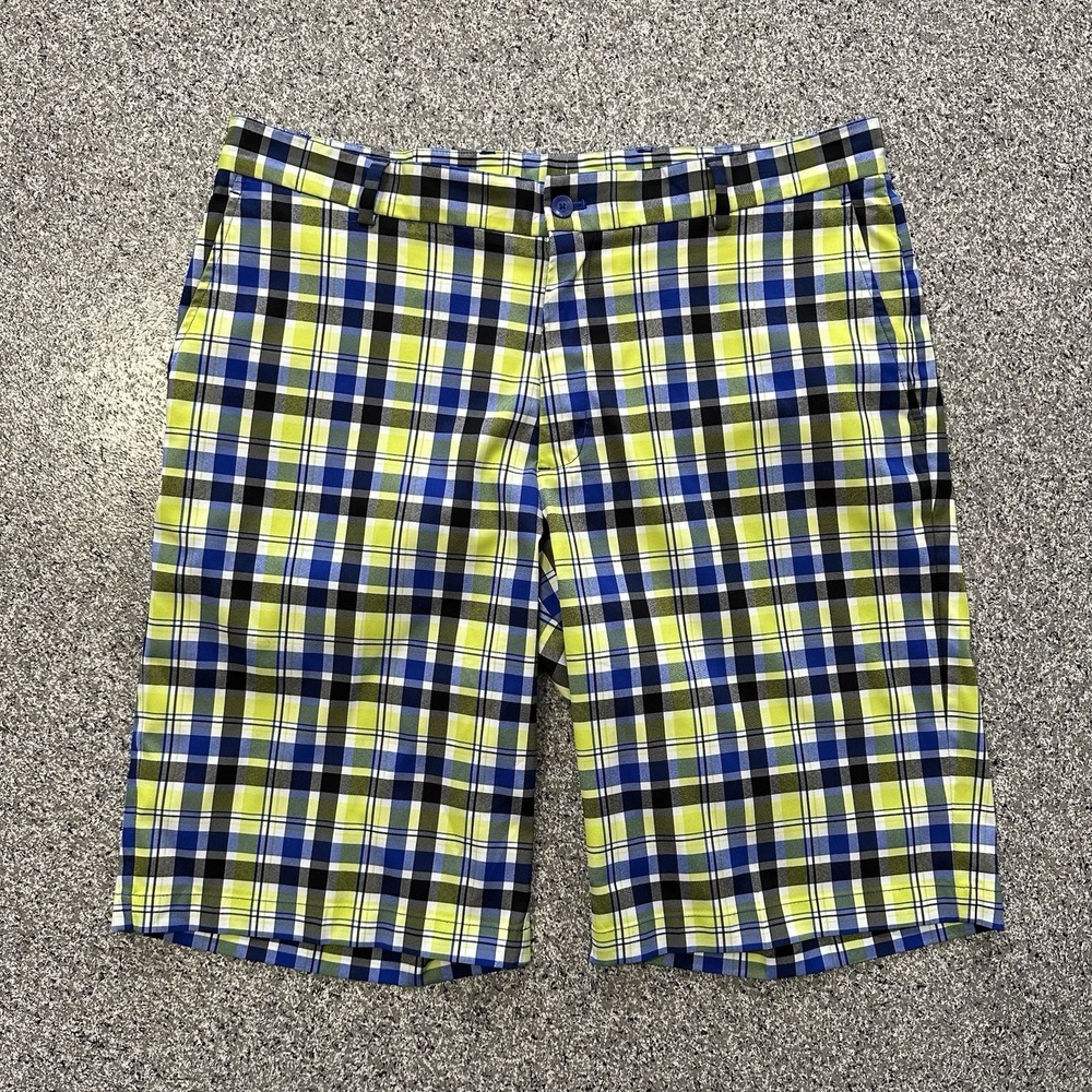 Slazenger Golf Shorts Mens 36 Plaid Flat Front 11" Inseam Yellow Blue